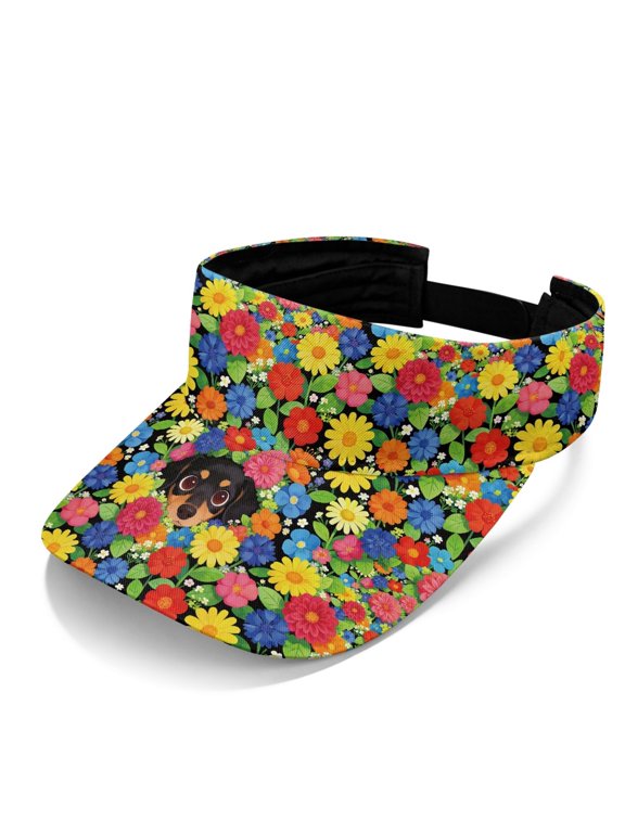 Adjustable Polyester Fabric Sun Visor for Travel Outdoor, Empty Top Adjustable Strap Comfortable Fit Sun Visor Cap, Dachshund with Floral Print