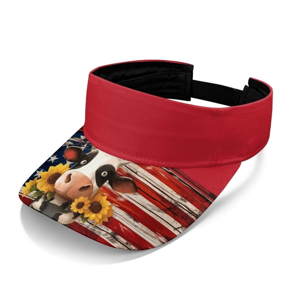 Chririnla Adjustable Strap Empty Top Cap for Running Sports, Polyester Fabric Lightweight Sun Visor Hat, Patriotic Cow with Sunflowers