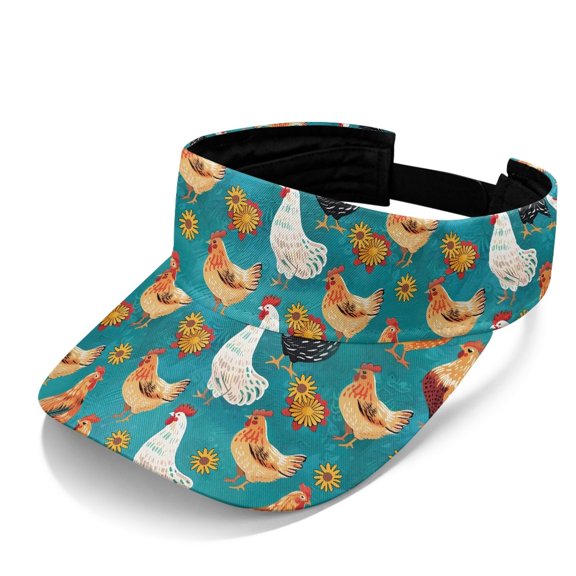 Chririnla Adjustable Strap Performance Visor Hat for Beach Tennis, Polyester Fabric UV Protection Sun Visor, Chicken Sunflower Print