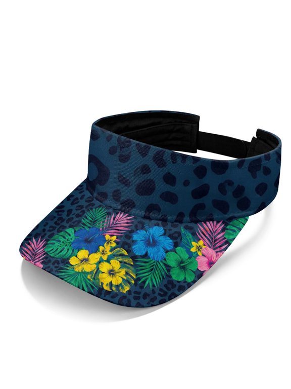 Adjustable Strap Polyester Fabric Sun Visor Hat, Lightweight UV Protection Breathable Sports Sun Visor Hats, Leopard Print with Tropical Floral Pattern