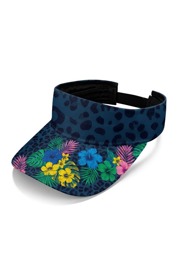 Adjustable Strap Polyester Fabric Sun Visor Hat, Lightweight UV Protection Breathable Sports Sun Visor Hats, Leopard Print with Tropical Floral Pattern