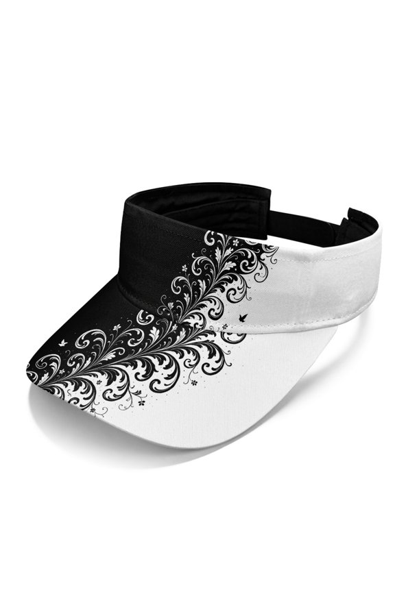 Adjustable Strap Polyester Fabric Visor Cap for Golf Running, UV Protection Lightweight Breathable Open Top Sun Visor, Black And White Floral Design