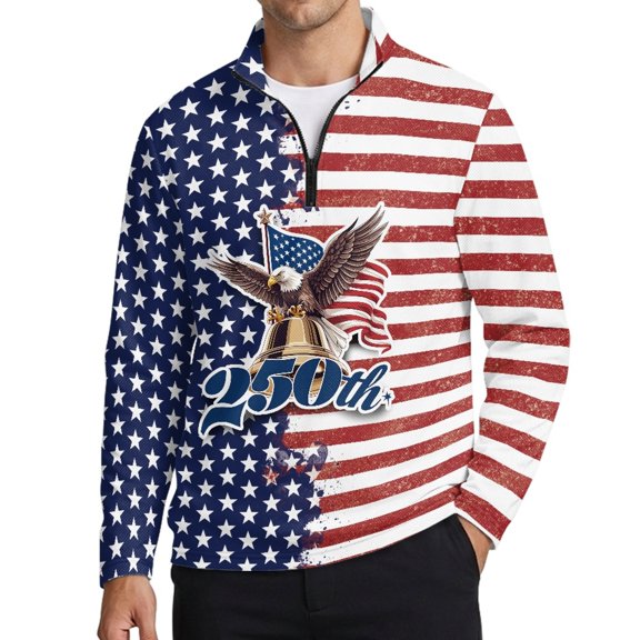 Chririnla American Bald Eagle Print Mens 1/4 Zip Long Sleeve Polo Shirts
