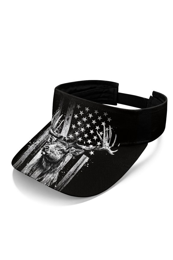 American Flag Deer Skull Print Open Top Visors for Mens, Polyester Fabric Lightweight UV Protection Sports Sun Visor Hat for Running Tennis Golf