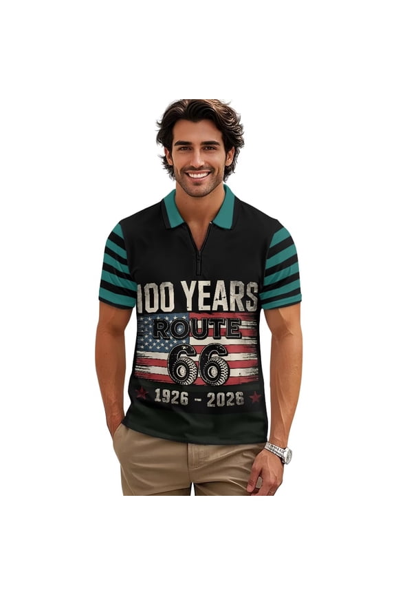 American Flag Mens Short Sleeve Golf Shirt Route 66 Patriotic Zipper Polo Tops Dry Fit Athletic Sport Top Shirts Moisture Wicking Performance Dressy Shirts Sizes 3XL