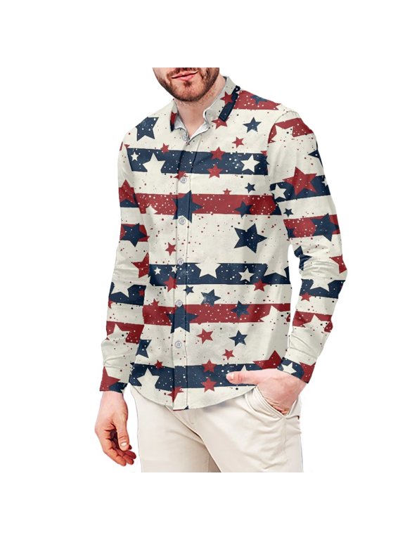 American Flag Star Men's Long Sleeve Shirt Wrinkle-Free Shirts Lightweight Button Clothes with Long Sleeve Button Down Formal Shirt M-3XL