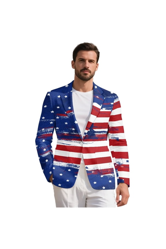 American Flag Suit Blazer for Men's Patriotic Jackets Plus Size Regular Fit Sports Coats Lightweight Casual One Button Open Front 4th of July Tops