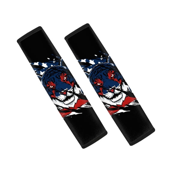 Chririnla American Flag Tiger Print Auto Seat Belt Protector 2 Pieces, Car Seat Belt Pads Cover Polyester Breathable Easy Magic Tape for Truck Vans Sedan
