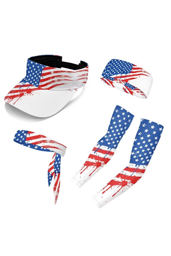 American Flag Visor Hats for Women Men US 250th Anniversary Sun Visor Hat Lightweight 5Piece Summer Visors and Headband Arm Sleeve for Outdoor