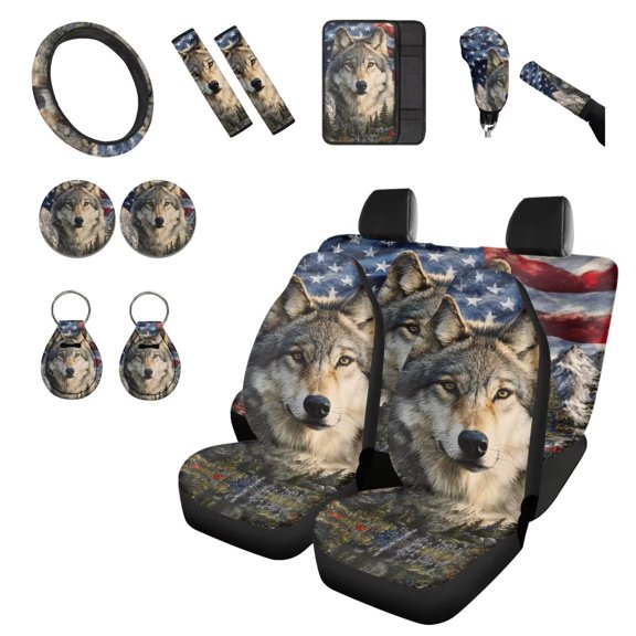 Chririnla American Flag Wolf Car Accessories Full Set of 14 Patriotic Easy to Install Car Front Rear Seats Covers Sets with Steering Wheel Cover Seat Belt Pads Vehicle Interior Essentials