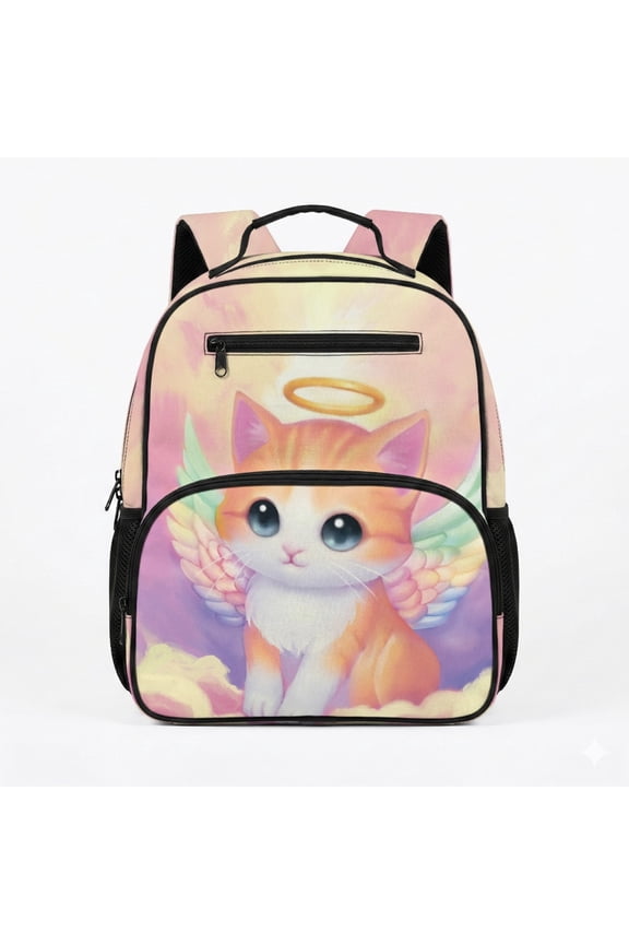 Angel Cat Pattern Design Kid Backpack 13.5 Inch with Handle Polyester Kids Preschool Durable Polyester Backpack for Outdoor Kindergarten
