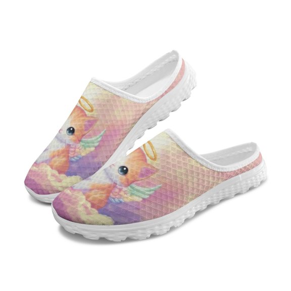 Chririnla Angel Cat Pattern Design Mesh Slip On Shoes Mesh, EVA Comfort Lightweight Breathable Mesh Slip On Mules for Outdoor