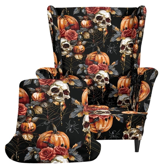 Chririnla Armchair Slipcover Halloween Skull Pumpkin Print 2 Piece Wingback Chair Slipcover for Living Room, Spandex Washable Scratch-resistant Wing Chair Slipcover