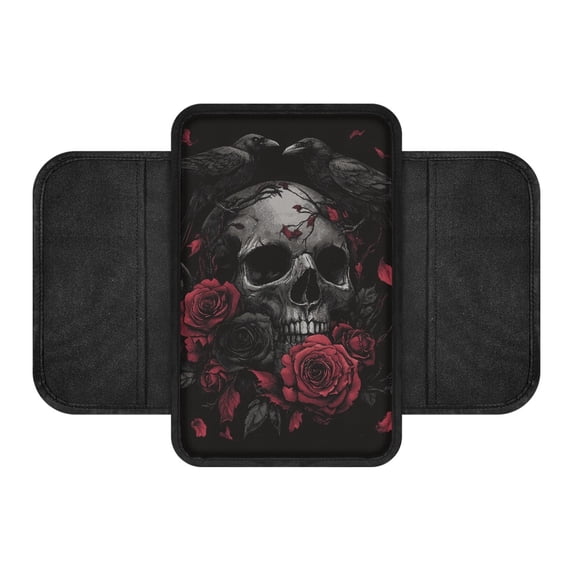 Chririnla Auto Center Console Cover Pad for Vehicle Interior, Washable Soft Car Center Console Cover for Van Auto Armrest Cover, Skull with Roses & Crows Gothic Pattern