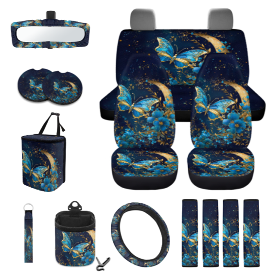 Chririnla Auto Seat Covers Full Set, with Car Garbage Bag Car Rear View Mirror Cover Keychain Holder, Blue Butterfly & Floral Print Hanging Car Seat Protector Kit