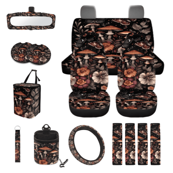 Chririnla Auto Seat Covers Full Set, with Car Garbage Bag Side Mirror Protector Keychain Holder, Mushroom and Butterfly Pattern Hanging Car Seat Protector Kit