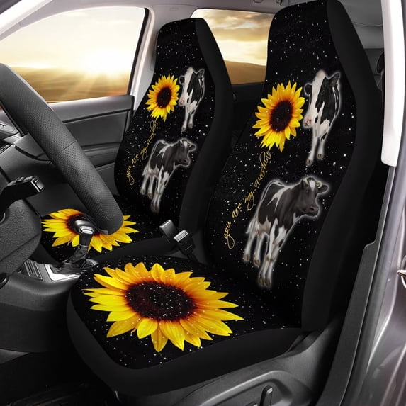 Chririnla Automobile Seat Cover Sets, Bling Sunflower Cow Print Car Accessories for Women Men Set of 2 Pack, Auto Interior Decoration Soft and Durable