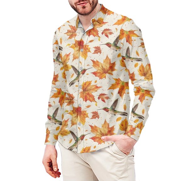 Chririnla Autumn Hummingbird Maple Leaves Men's Shirt Casual Business Shirts with Long Sleeve Formal Clothes Button Up Dress Shirt M-3XL