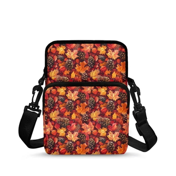Chririnla Autumn Maple Leaf Pinecone Portable Cross Body Purse, Polyester Shoulder Bag with Zipper Cell Phone Bag Case for Daily Use Shop