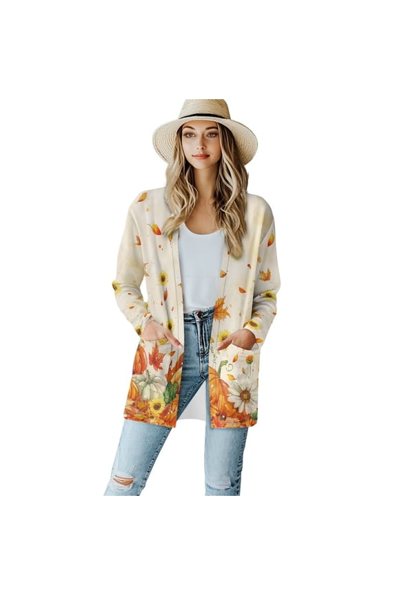 Autumn Pumpkins Women Cardigans Sunflowers Sweaters Casual Lightweight Open Front Cardigans Soft Draped Long Sleeve Cardigans Dusters Long Sleeve Jackets Dressy V-neck Tops