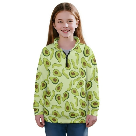 Chririnla Avocados Pattern Youth Girls Vacation Sweatshirt Quarter Zip Up Pullover Comfy Casual Top for Travel Trip Seaside Holiday Adventure Size 5-6