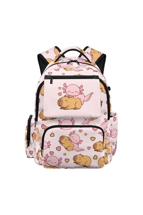 Axolotl Capybara School Backpack for Girls 8-10 Kawaii Bookbag for Kids Elementary Middle School Backpack with Adjustable Strap Portable 17 Inch Rucksack