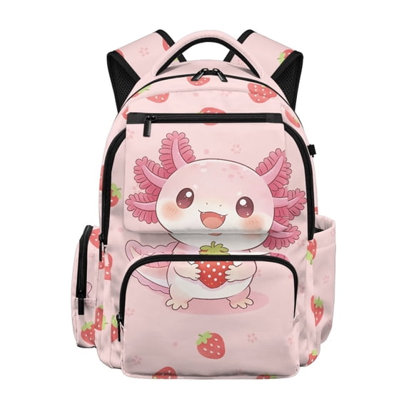 Chririnla Axolotl Strawberry Print Multi Pockets School Bookbag with Lightweight Multi-Pocket School Bags, Durable 17 Inch School Backpack for Back to School Travel