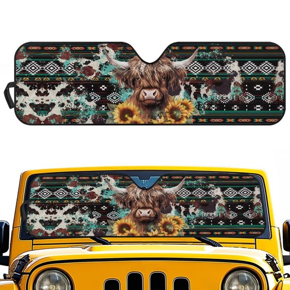 Chririnla Aztec Highland Cow Windshield Sunshade Sun Visor for UV Rays & Heat Protection, Car Front Windshield Sun Shade Visor Suitable for Wrangler, Compass, Gladiator & Renegade,1pc