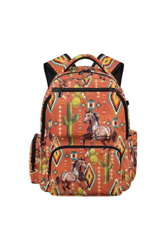 Aztec Western Horse Backpack for Girls School Elementary Bookbag Large Capacity Daypack with Side Pocket for Camping Outdoor Travel Hiking