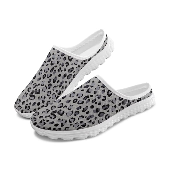 Chririnla Backless Shoes for Women Cheetah Animal Skin Grey Mules Mesh Walking Sneakers for Women Lady House Slippers Flat Sneakers for Indoor Outdoor