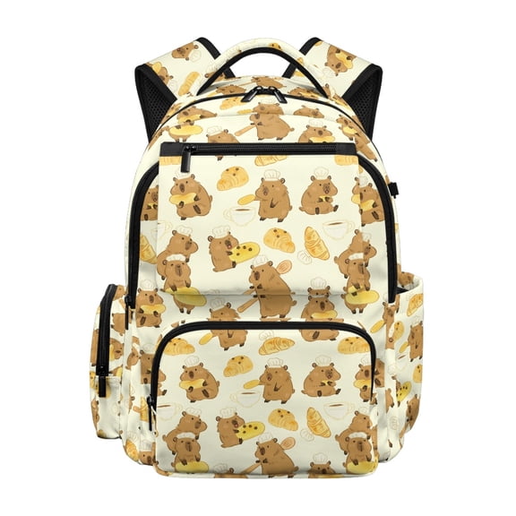 Chririnla Baker Capybara Bread Pattern School Backpack with Multi Pockets, Featherweight multi-tasche 17 Inch Kids Backpack for Back to School Campus