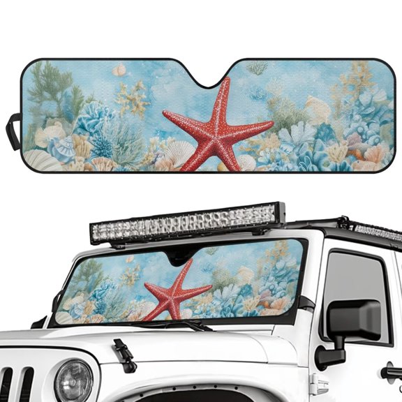 Chririnla Beach Starfish Shell Windshield Sun Shade Windshield Shade Compatible with Wrangler TJ JK JL & Gladiator JT|Heat Shield Sun Visor Cover Windshied Sunshade Block UV Rays,1pc