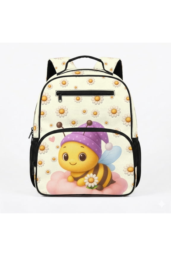 Bee Daisy Cloud Print Kindergarten Pack 13.5 Inch Multi-Pockets Polyester Preschool Toddler Backpack for Daily Travel