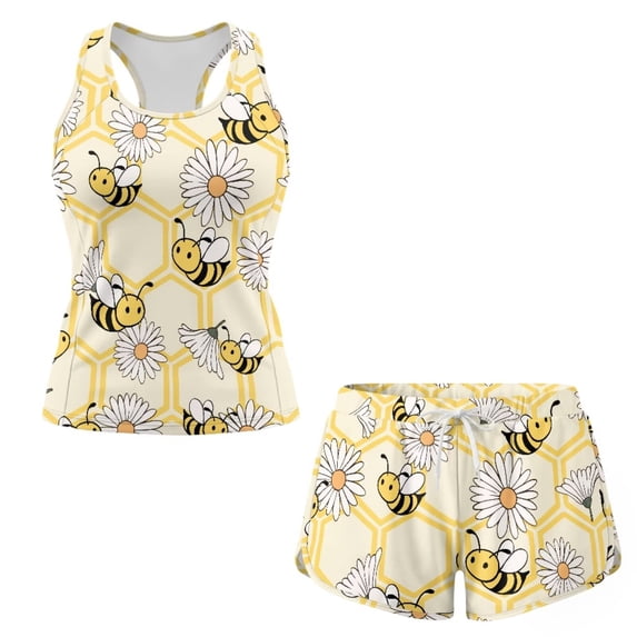 Chririnla Bee Daisy Yellow Plaid Tankini Swimsuits for Women Two Piece Tummy Control Bathing Suits Swim Tank Top with Athletic Swim Shorts Sexy Sleeveless Swimsuit Swimwear Bathing Suit for Beach