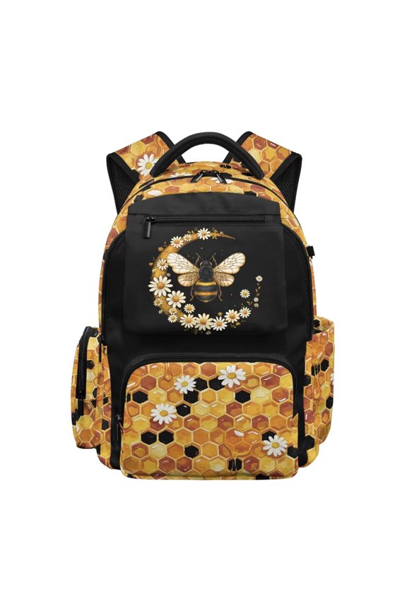 Bee Floral Moon Print Large Capacity Backpack for Kids Teen Girls Backpacks Breathable 17 Inch Waterproof Bookbag with Front Zipper Travel Ruckpack
