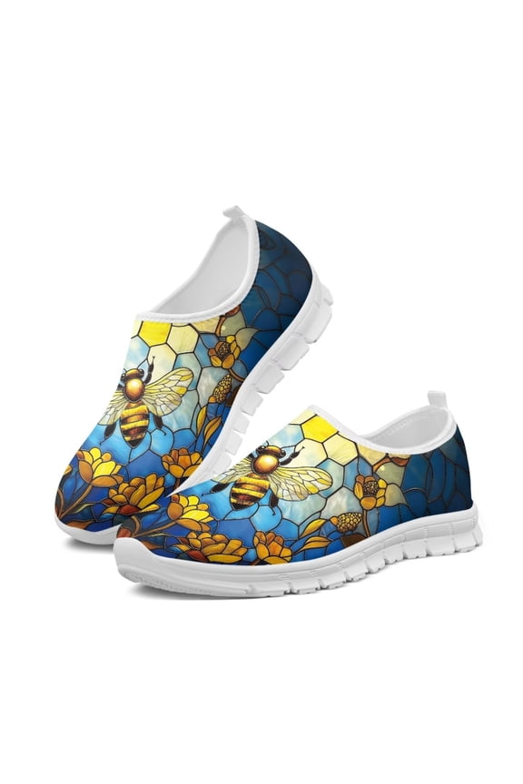 Bee Floral Print Womens Shoes Breathable Slip on Walking Flat Shoes Casual Sneakers