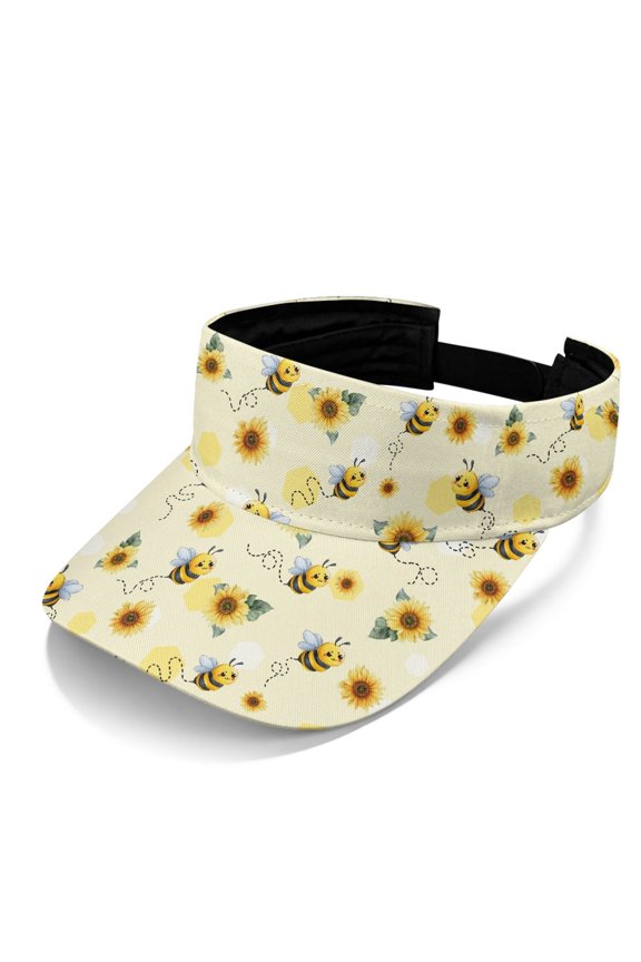 Bee and Sunflower Pattern Sun Visor Hat, Open Top Sports Visor Polyester Fabric Empty Top Lightweight Sun Protection Empty Top Cap for Running