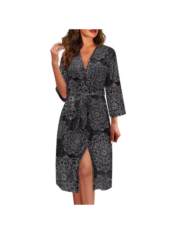 Black Boho Mandala Women Bathrobe Lightweight Loose Fit Nightdress V Neck Nightgowns Skin Friendly Loungewear Nightwear with Adjustable Belt