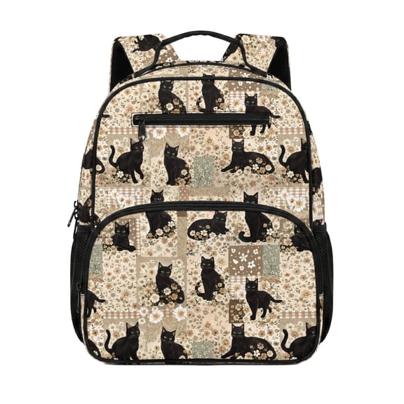 Chririnla Black Cat Floral Patchwork Pattern Kids Backpack Polyester Wear Resistant Easy Clean Lightweight School Pack for Toddler