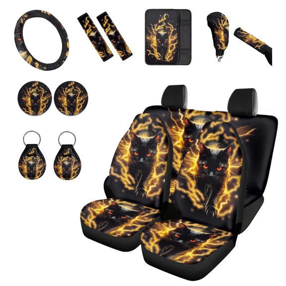 Chririnla Black Cat Lightning Car Accessories Full Set Elastic Vehicle Front Rear Seats Covers Sets Pack of 14 with Armrest Mat, Steering Wheel Cover, Keychain, Casual Car Interior Decorations