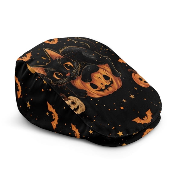 Chririnla Black Cat Pumpkin Halloween Polyester Beret Hat with Soft, Lightweight Long-Lasting Forward Newsboy Hat for Camping Driving Walking