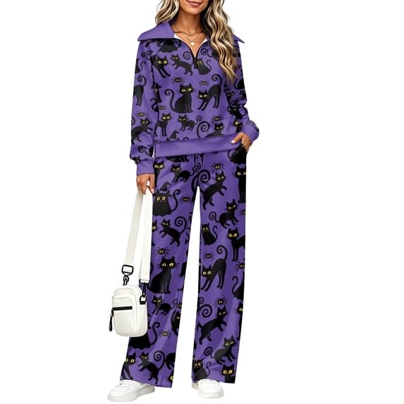 Chririnla Black Cat Spider Pattern Tracksuits, Stand Up Collar Sweat Sets with Stretch Soft Lounge Sets for Fall Vacation