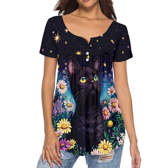 Chririnla Black Cat Tunic Tops for Women Ladies Plus Size Short Sleeve Shirts Loose Fit Summer Tee Clothes Casual Blouses Lightweight Workout Tops