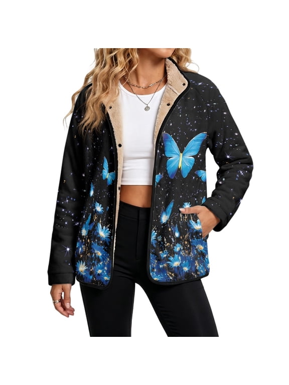 Black Galaxy Blue Butterfly Womens Fleece Coat Soft Jacket L