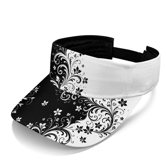 Chririnla Black & White Swirling Floral Vine Pattern Sports Visor Hat, Breathable Sun Visor Cap Polyester Fabric UV Protected Adjustable Sun Visor Hats for Hiking Walking Tennis