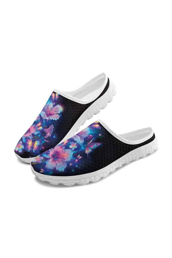 Bling Blue Hibiscus Flower Shoes for Women Lady Slip On Mules Lightweight Breathable Walking Shoes Open Back Slippers Casual Garden Work Footwear Comfort Holiday Shoe
