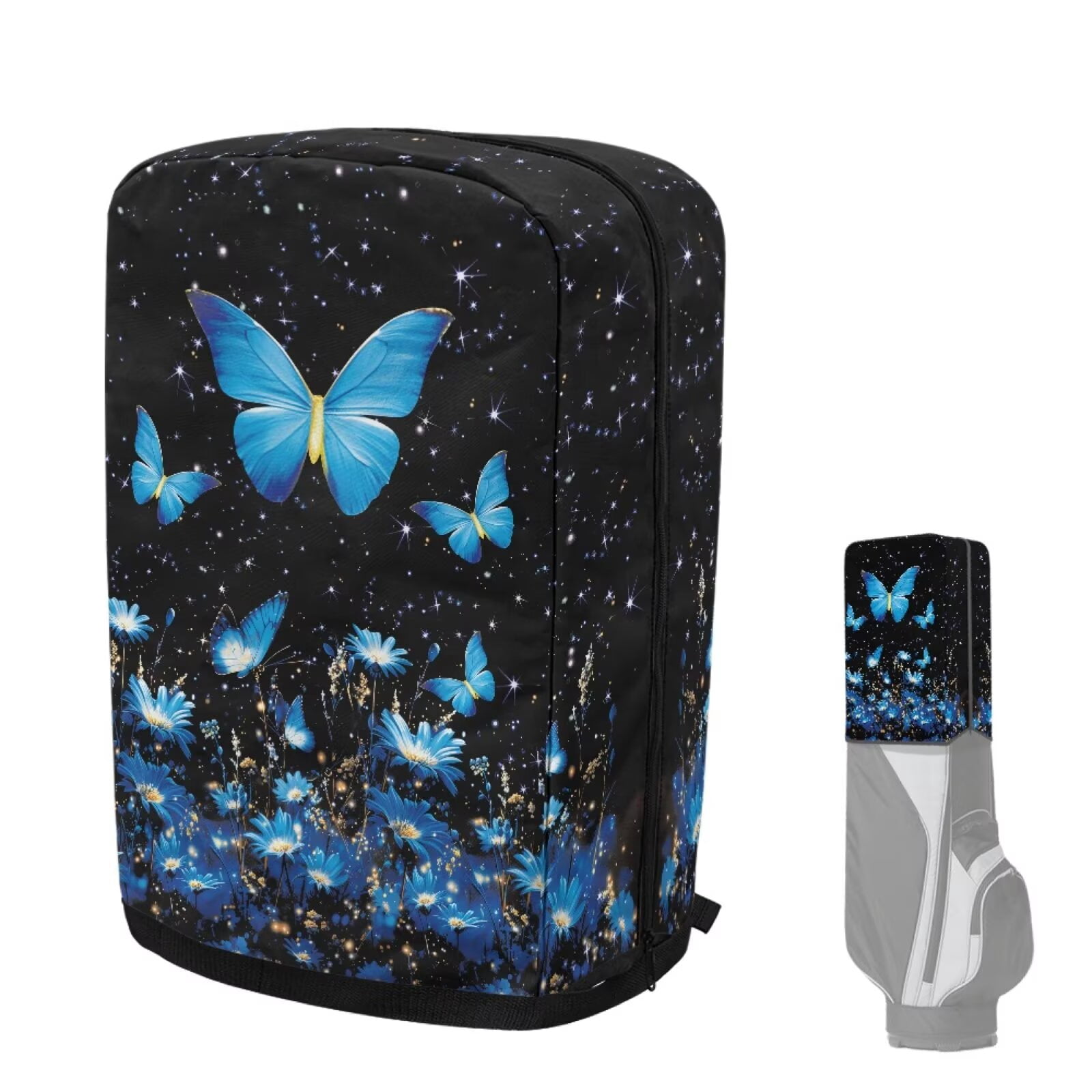 Chririnla Blue Butterfly Floral Golf Bag Rain Cover Waterproof Hood with Snap Button Dust Cover for Clubs Universal Fit for Stand Bags, Cart Bags & Tour Bags