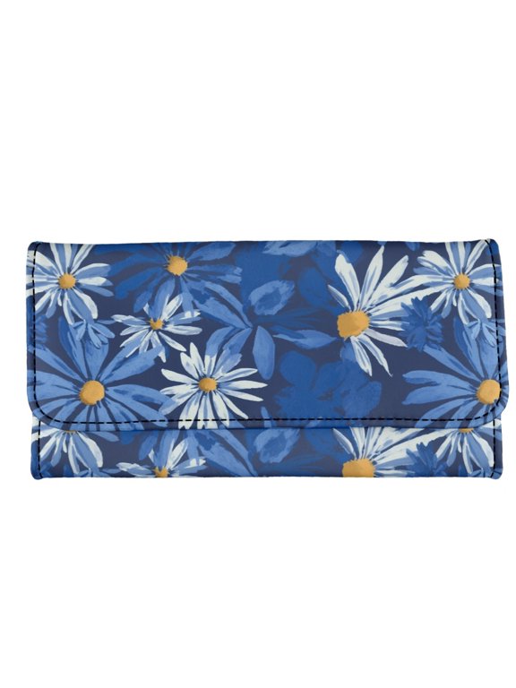 Blue Daisy Floral Pattern Card Holder for Travel, Leather Women Trifold Wallet with Large Capacity Pocket Buckle Long Wallet