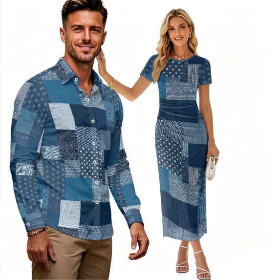 Chririnla Blue Denim Patchwork Couples Matching Clothes Hawaiian Luau Outfit Bodycon Dress and Matched Shirts Womens Pencil Long Dress,Mens Button Up Shirts,Husband Wife Clothes for Wedding,S-3XL