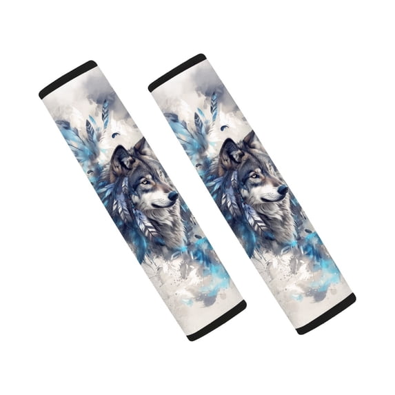 Chririnla Blue Feather Wolf Watercolor Design Car Seat Belt Covers Easy to Install Seat Belt Shoulder Pad Breathable Polyester Compatible with Truck Sedan